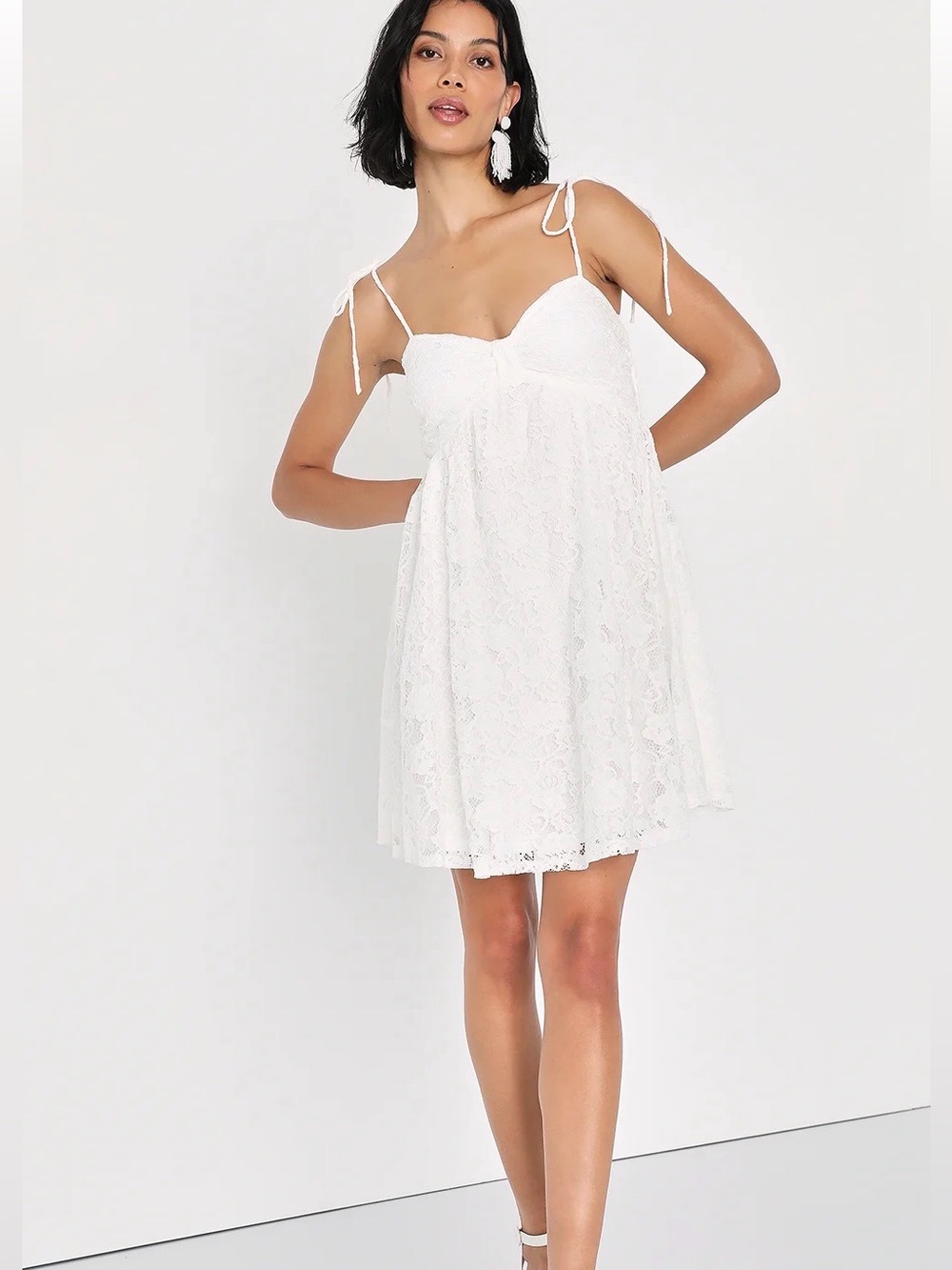 Lulus Angelic Admiration White Lace Tie-Shoulder Babydoll Mini Dress Size Large